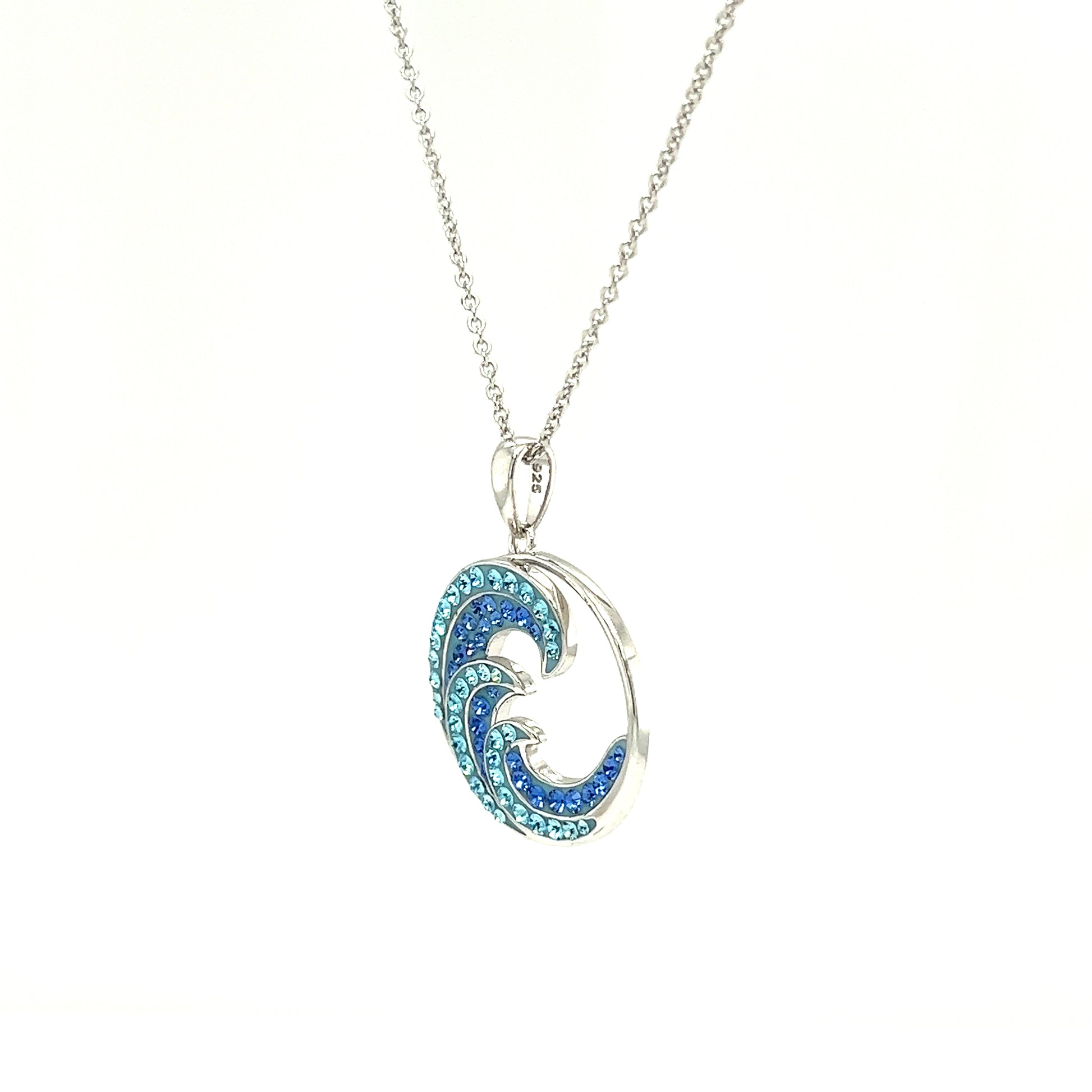 Wave Necklace with Blue and Aqua Crystals in Sterling Silver Right Side View