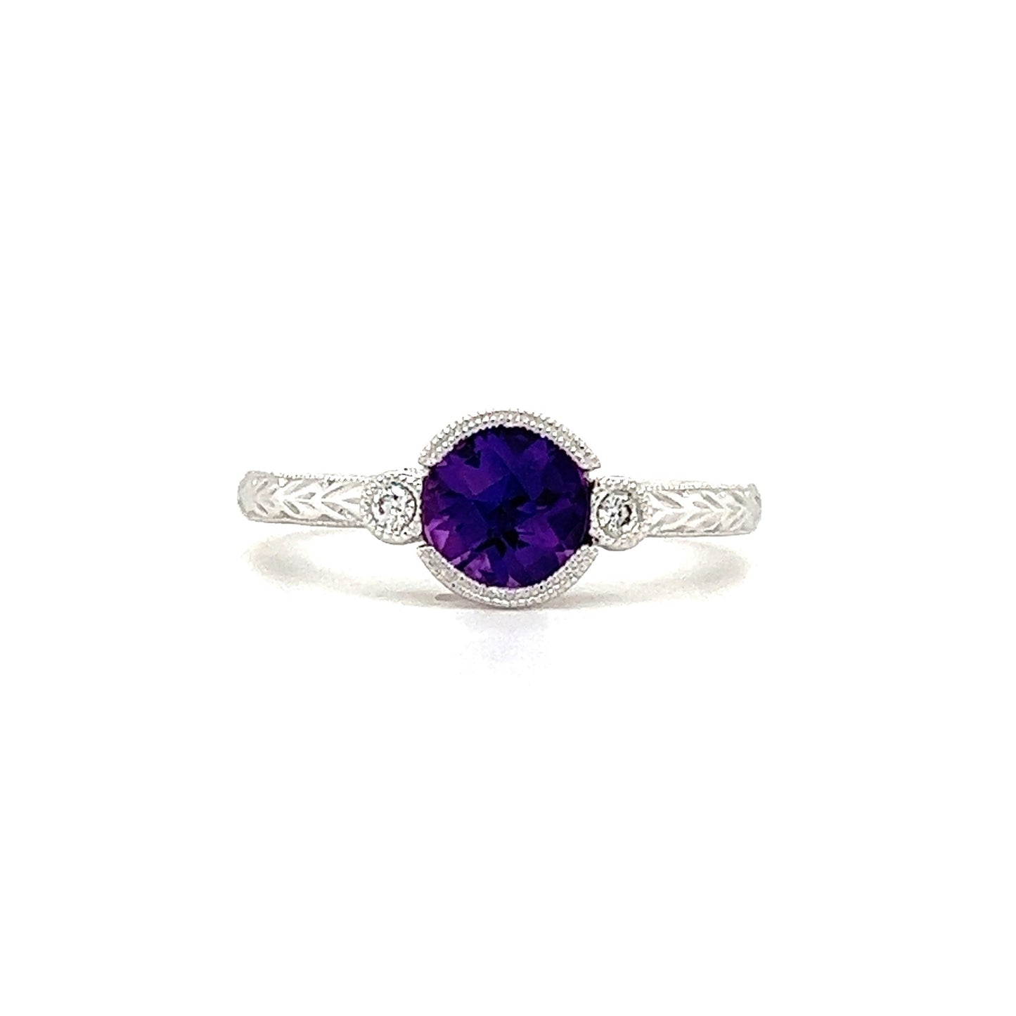Amethyst Engraved Ring with Two Side Diamonds in 14K White Gold Front View