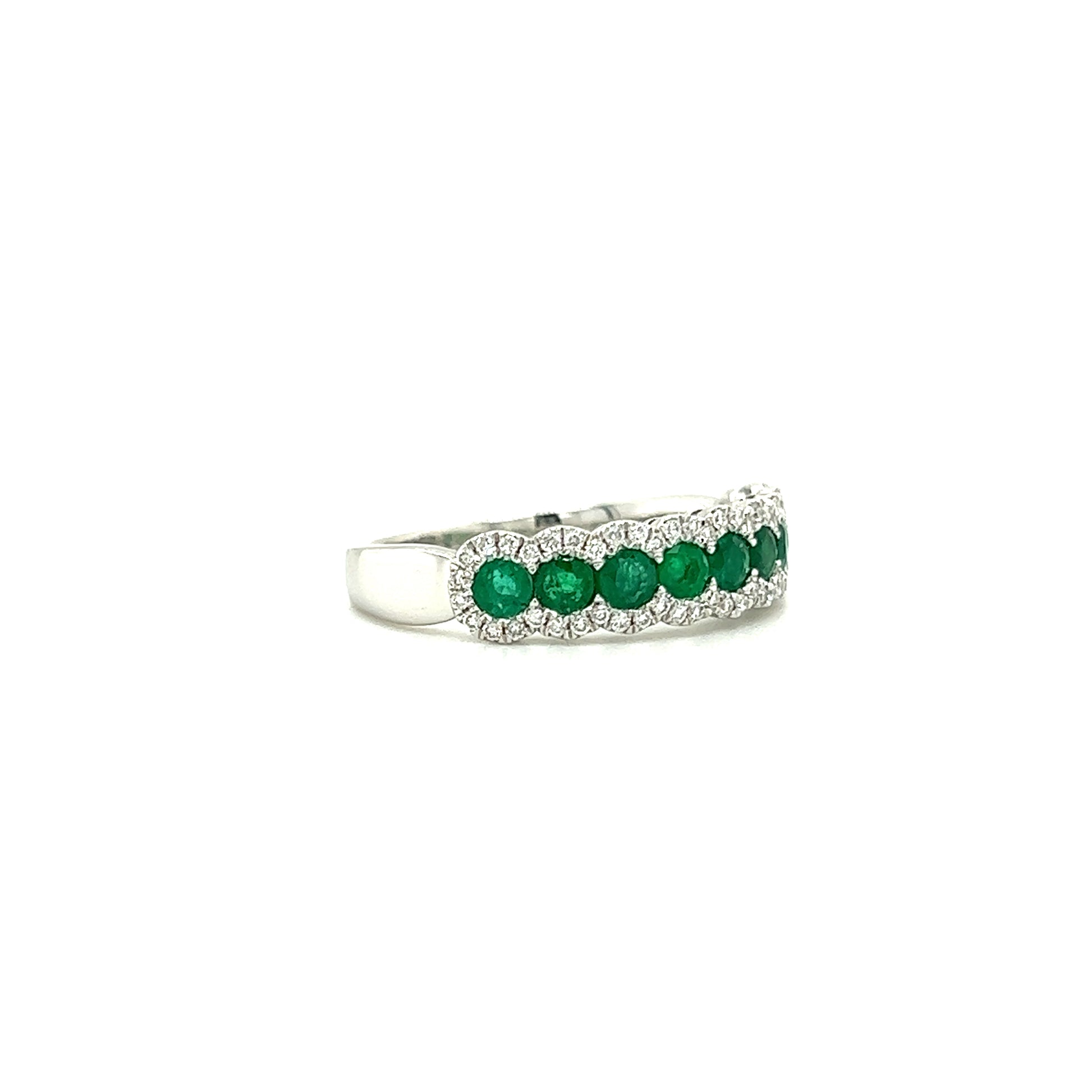 Round Emerald Ring with Sixty Accent Diamonds in 14K White Gold Left Side View