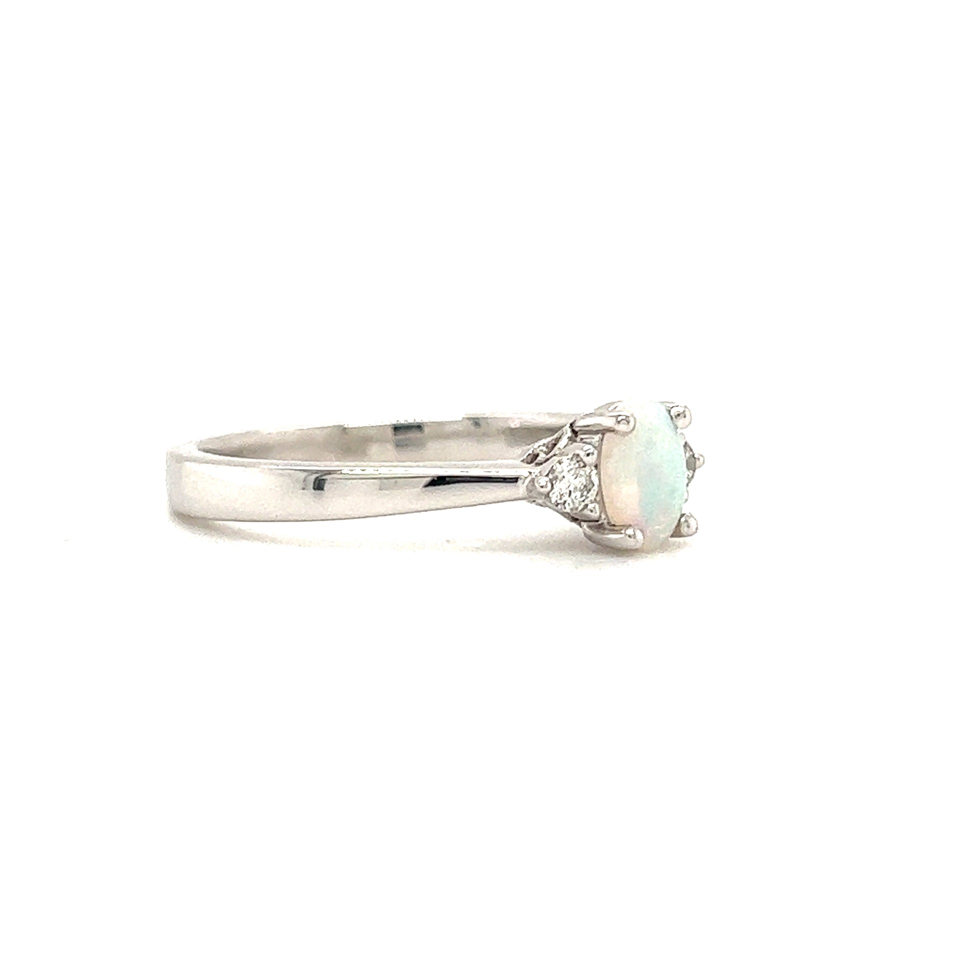 Oval Opal Ring with Two Side Diamonds in 14K White Gold Left View