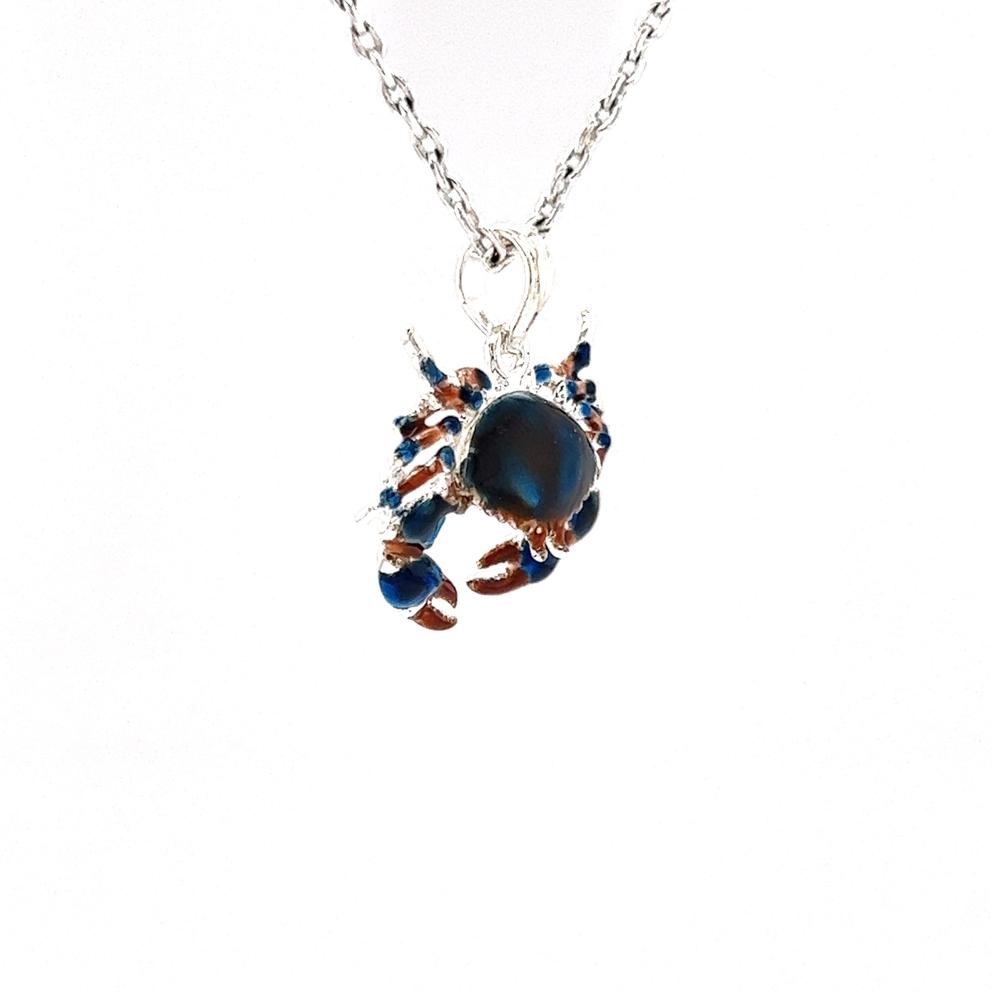 Blue Stone Crab Small Pendant with Enameling in Sterling Silver Left Side View with Chain
