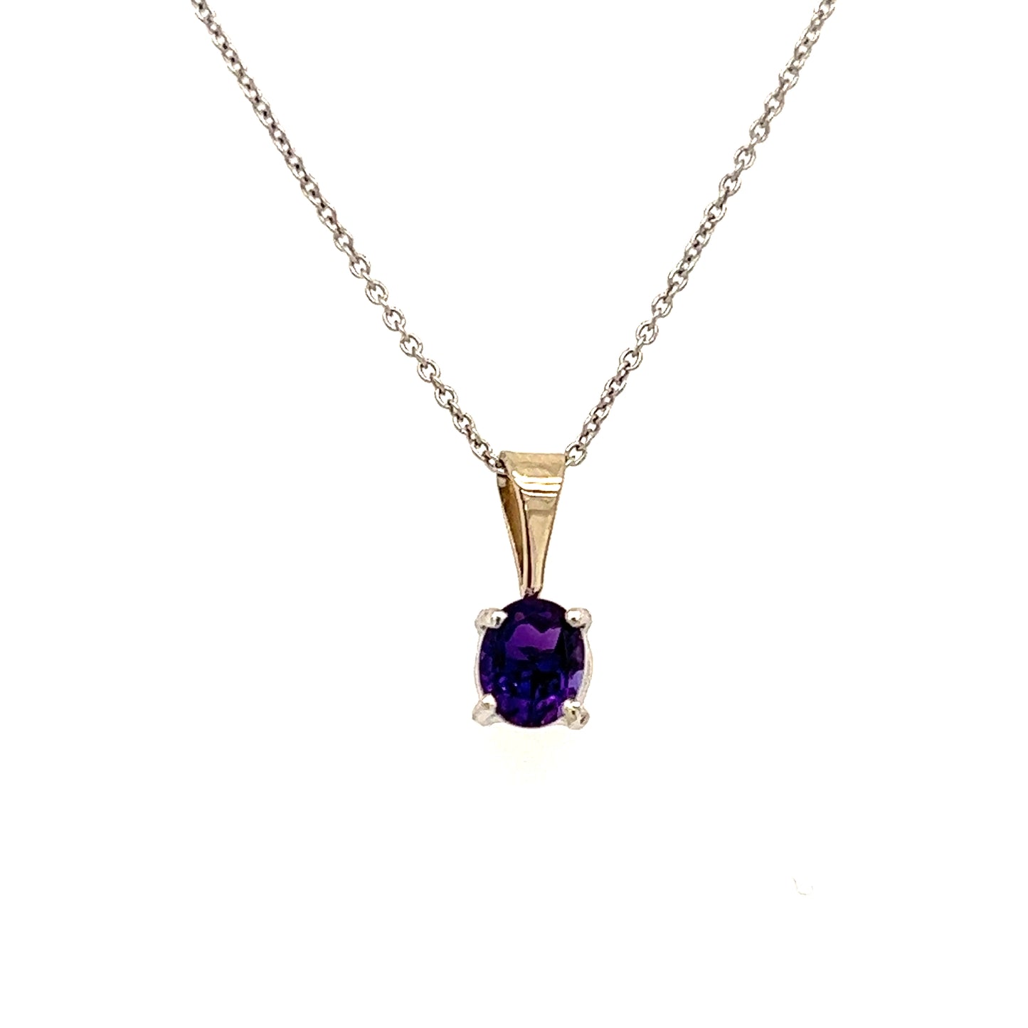 Solitaire Amethyst Pendant in 14K White Gold Front View Pendant and Chain