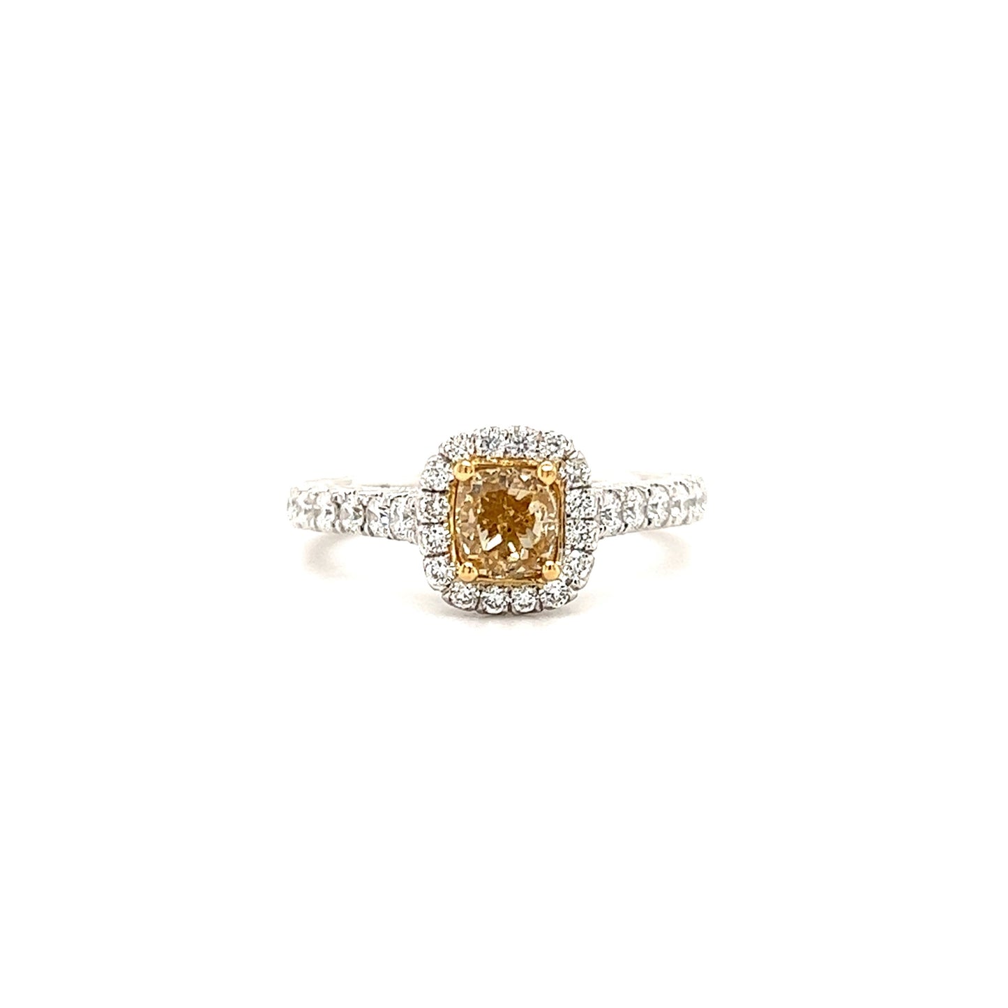 Yellow Diamond Ring with Forty-Two Diamonds in 18K White Gold Front View