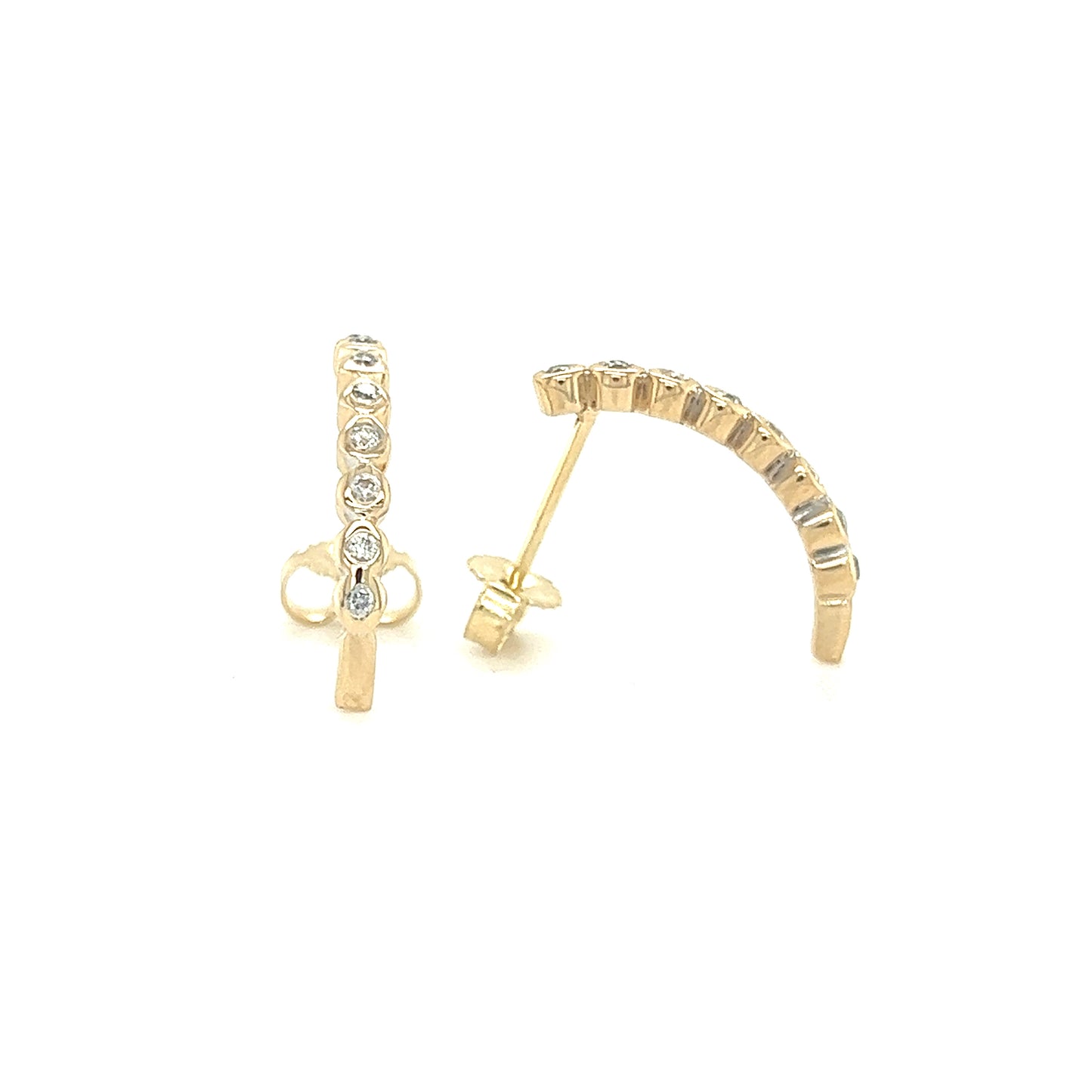 J-Hoop Earrings with Sixteen Diamonds in 14K Yellow Gold Front and Side View