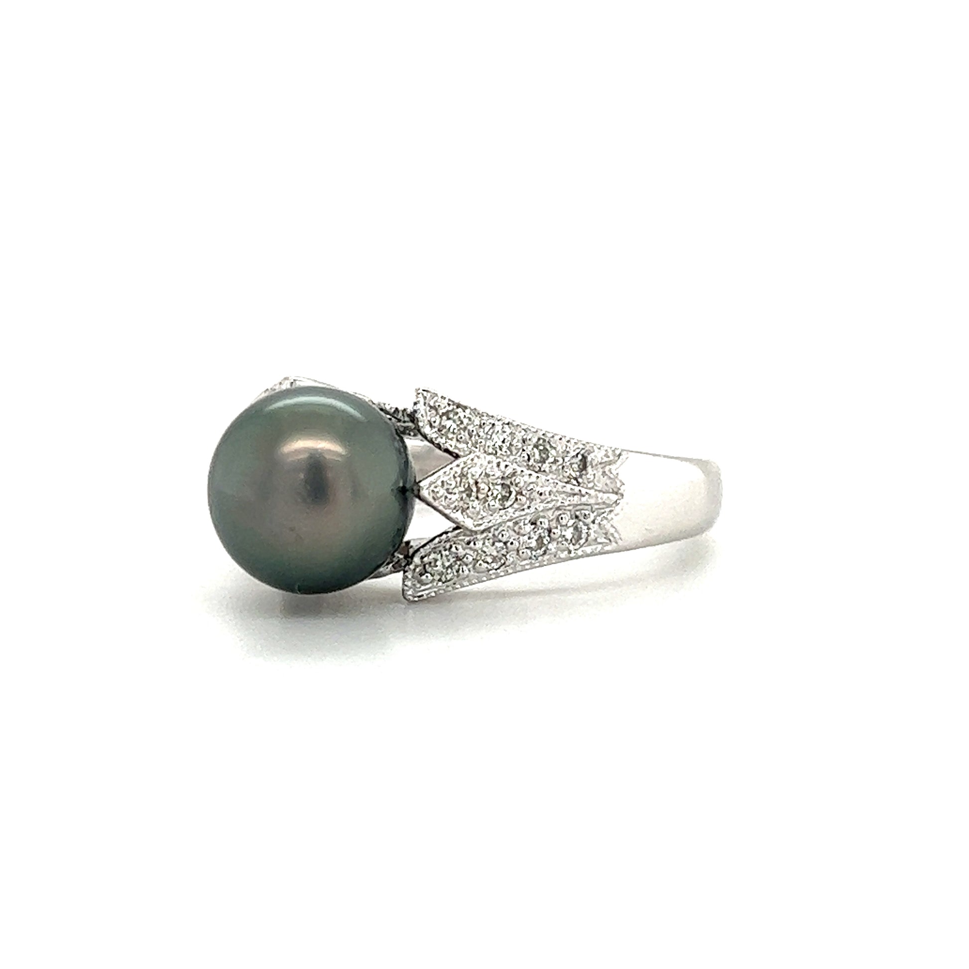 Black Pearl Ring with Twenty Diamonds in 14K White Gold Left Side View