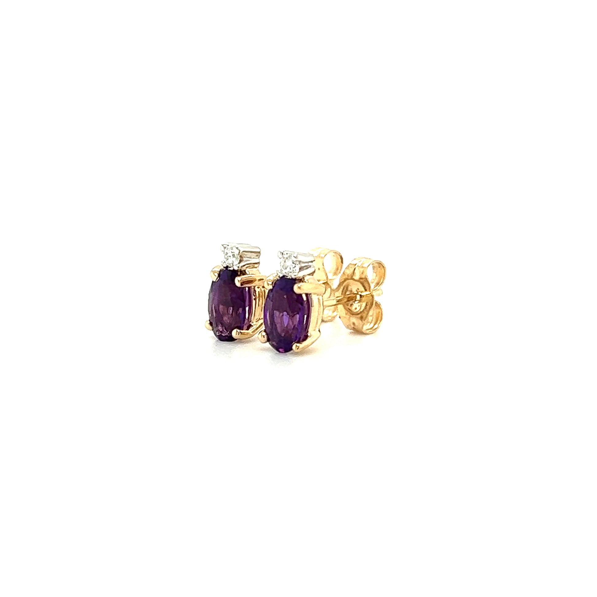 Oval Amethyst Stud Earrings with Accent Diamonds in 14K Yellow Gold Right Side View
