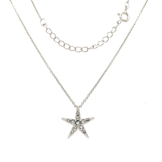 Small Starfish Necklace with White Crystals in Sterling Silver Front Pendant & Clasp View