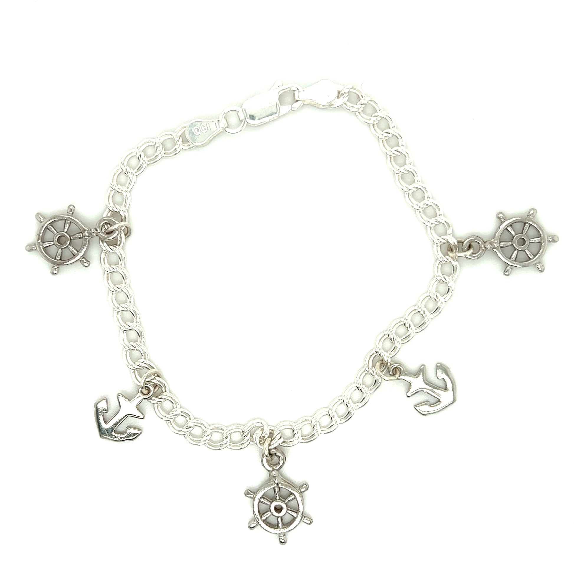 Nautical Bracelet with Six Charms in Sterling Silver Top View