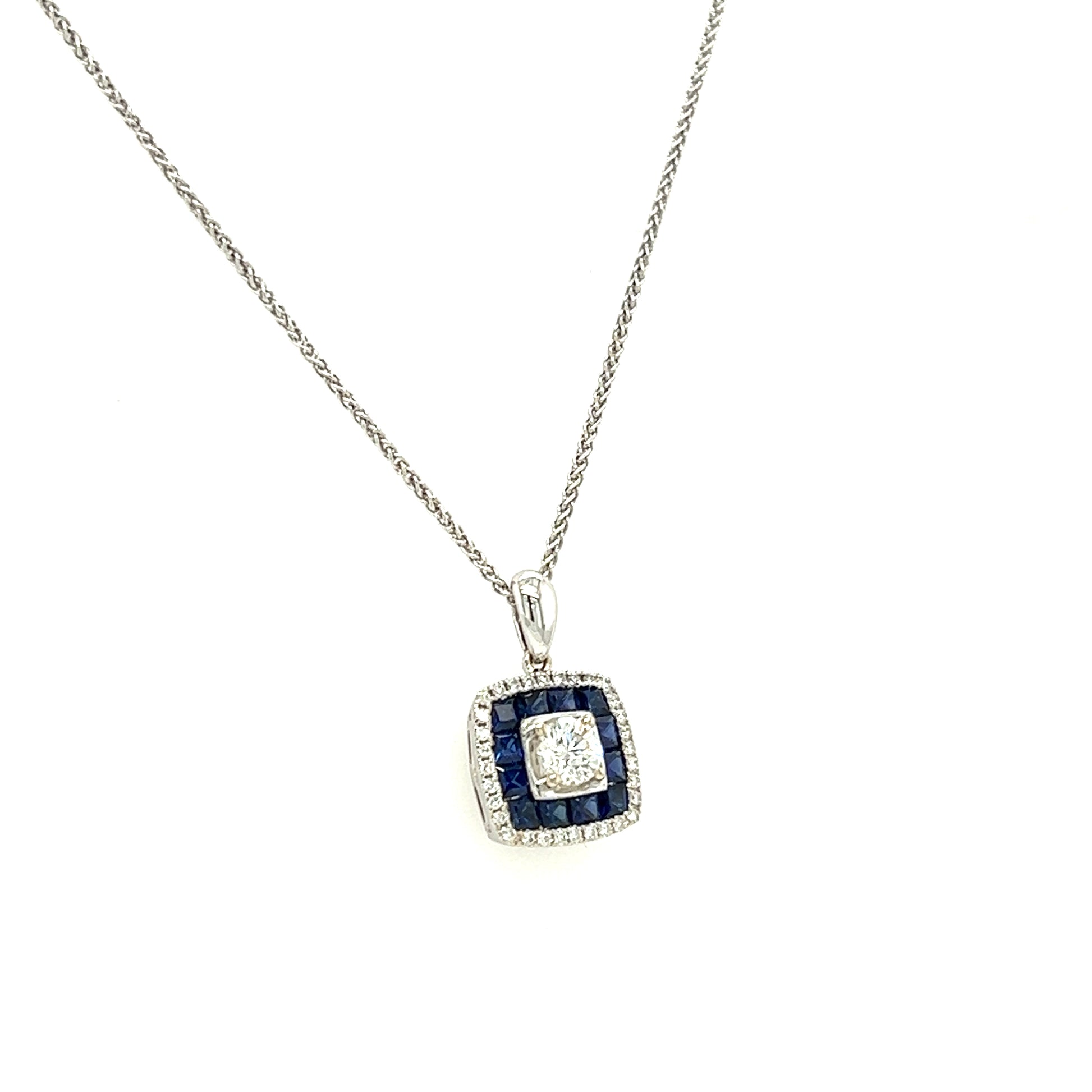 Round Diamond Necklace with Thirty-Two Accent Diamonds and Twelve Ceylon Sapphires in 14K and 10K White Gold Left View.