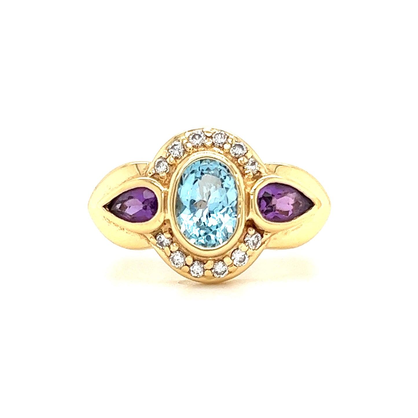 Blue Topaz Ring with Side Amethysts and Diamonds in 14K Yellow Gold Front View
