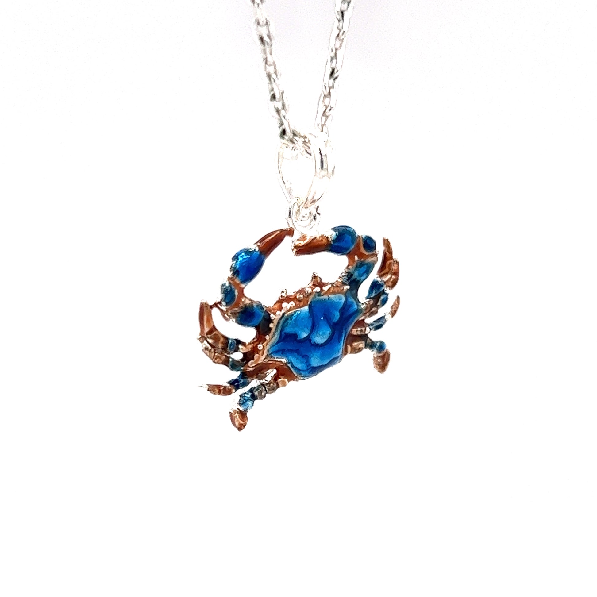 Blue Crab Small Pendant with Enameling in Sterling Silver Left View Side with Chain