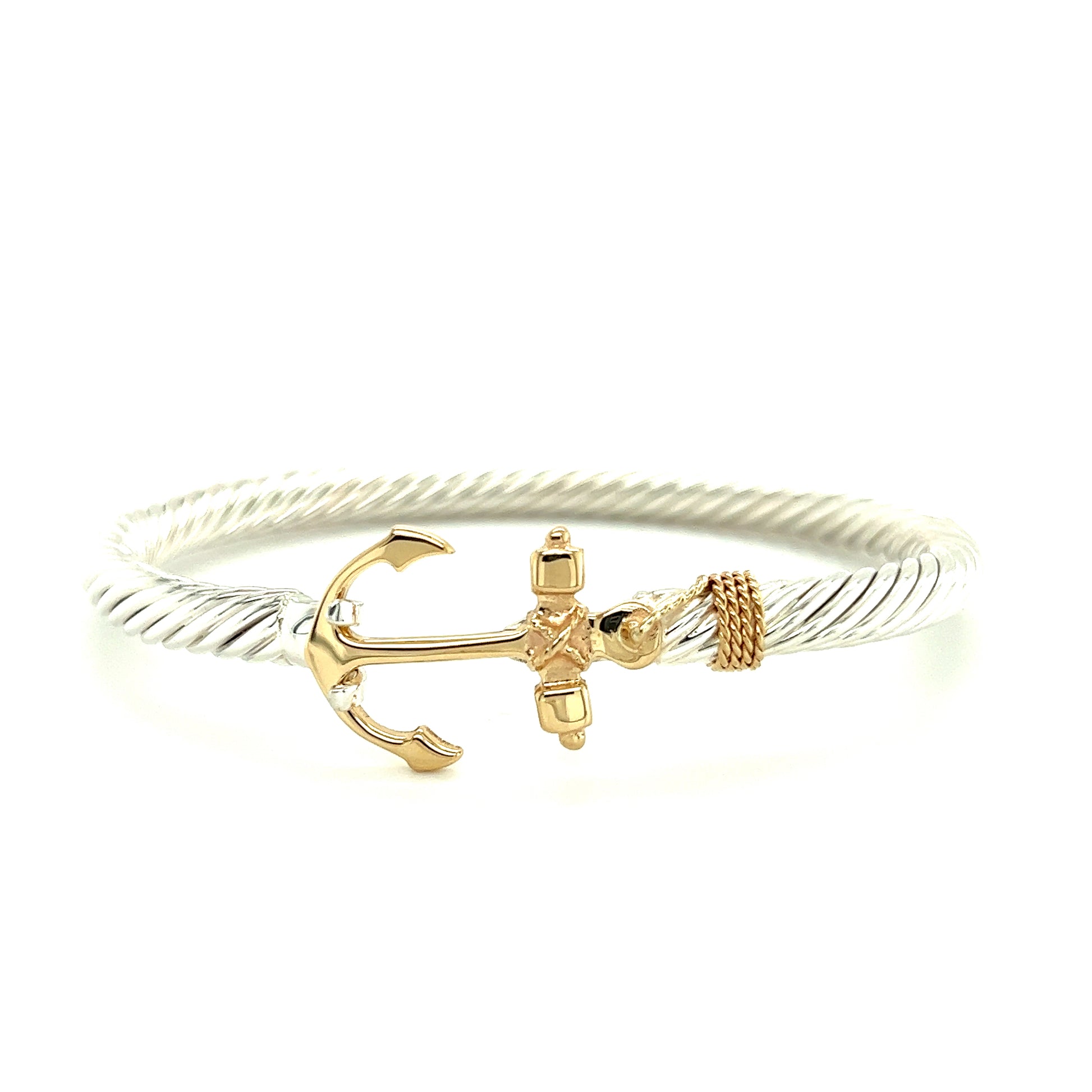 Twisted Cable 5mm Bangle Bracelet with 14K Yellow Gold Anchor and Wrap in Sterling Silver Front Flat View
