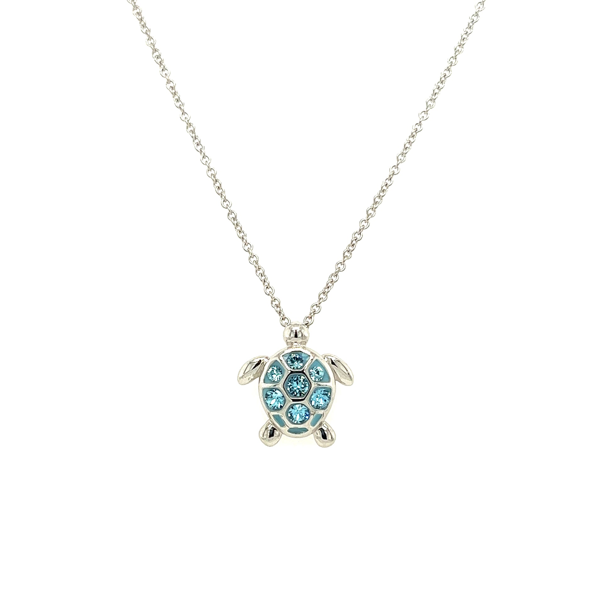 Aqua Sea Turtle Necklace with Aqua Crystals in Sterling Silver Front View