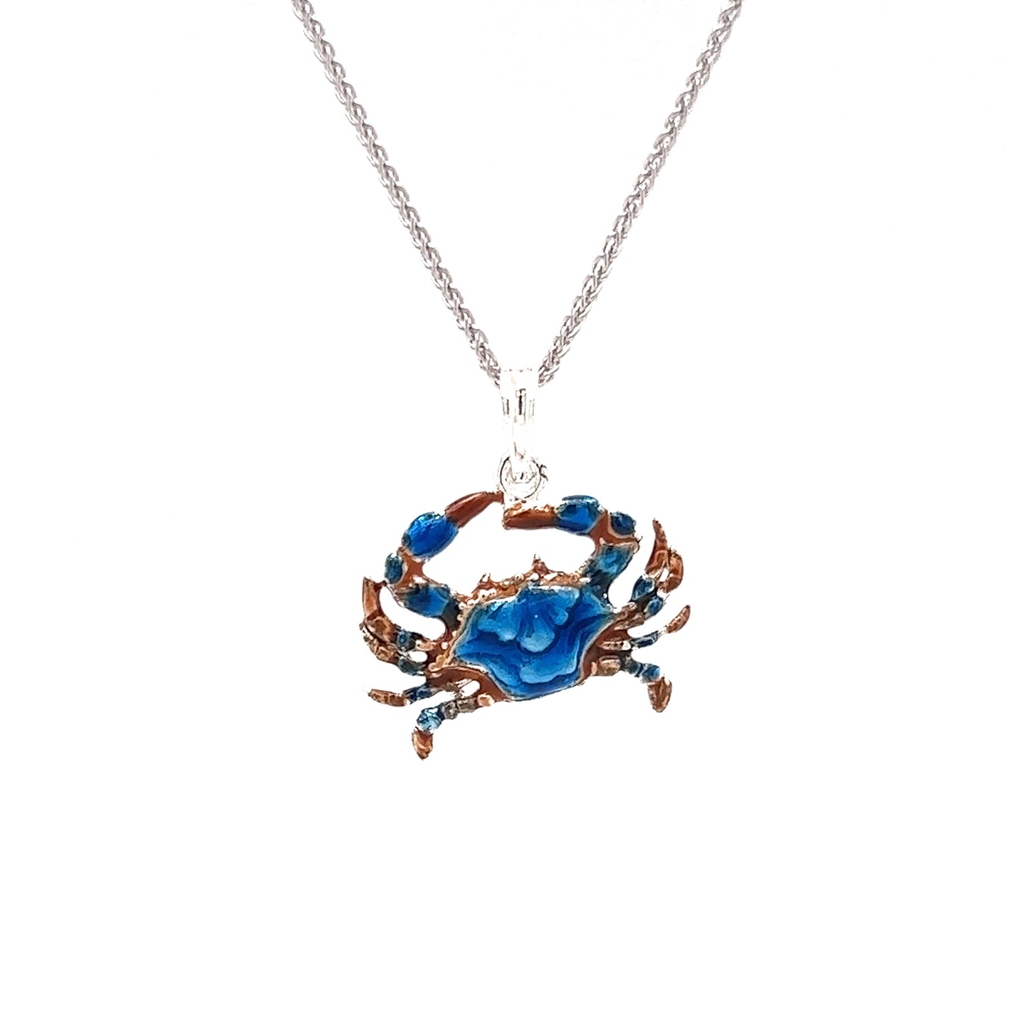 Blue Crab Small Pendant with Enameling in Sterling Silver Front View with Chain