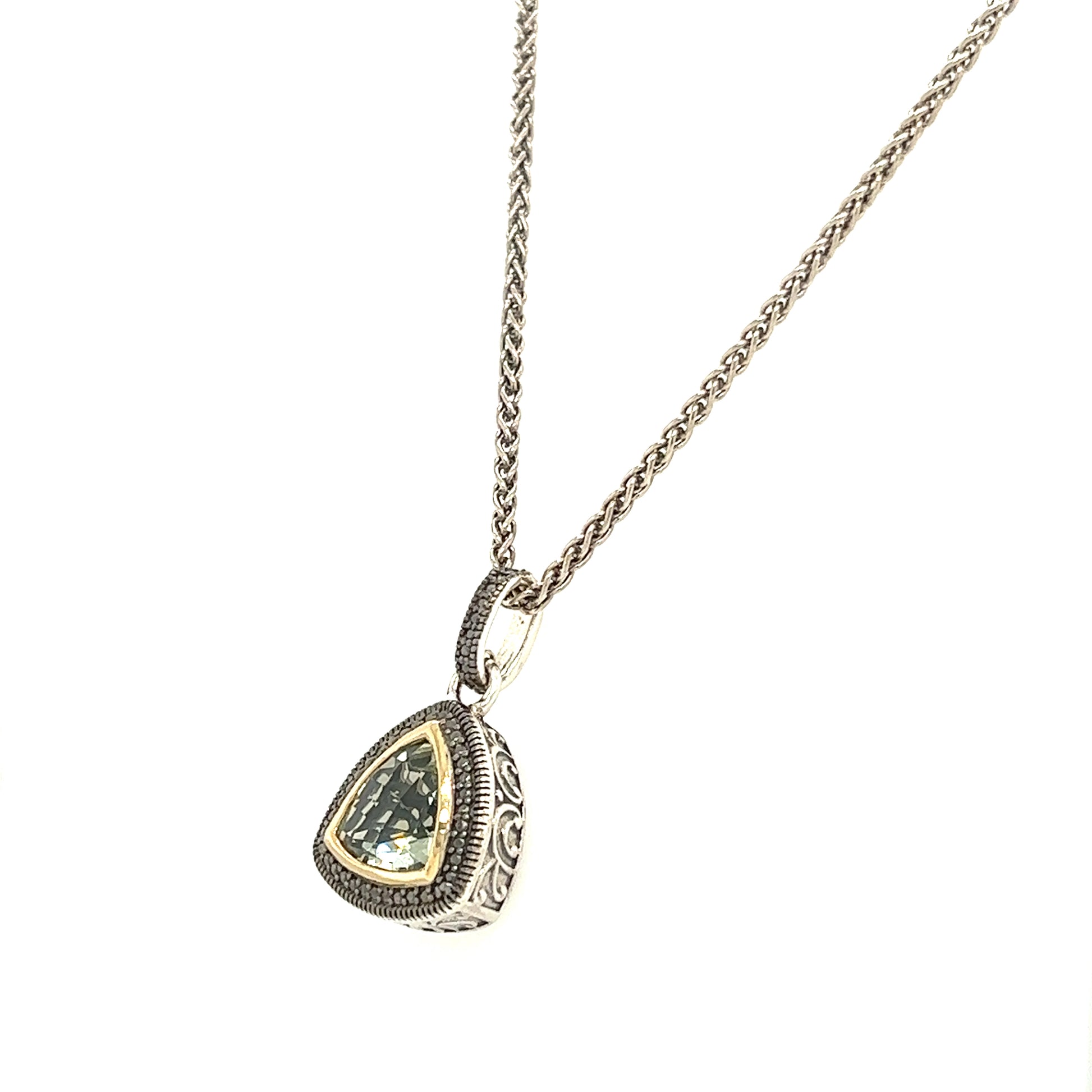 Trillion Green Quartz Antiqued Necklace with 14K Yellow Gold Accent in Sterling Silver Right Side View