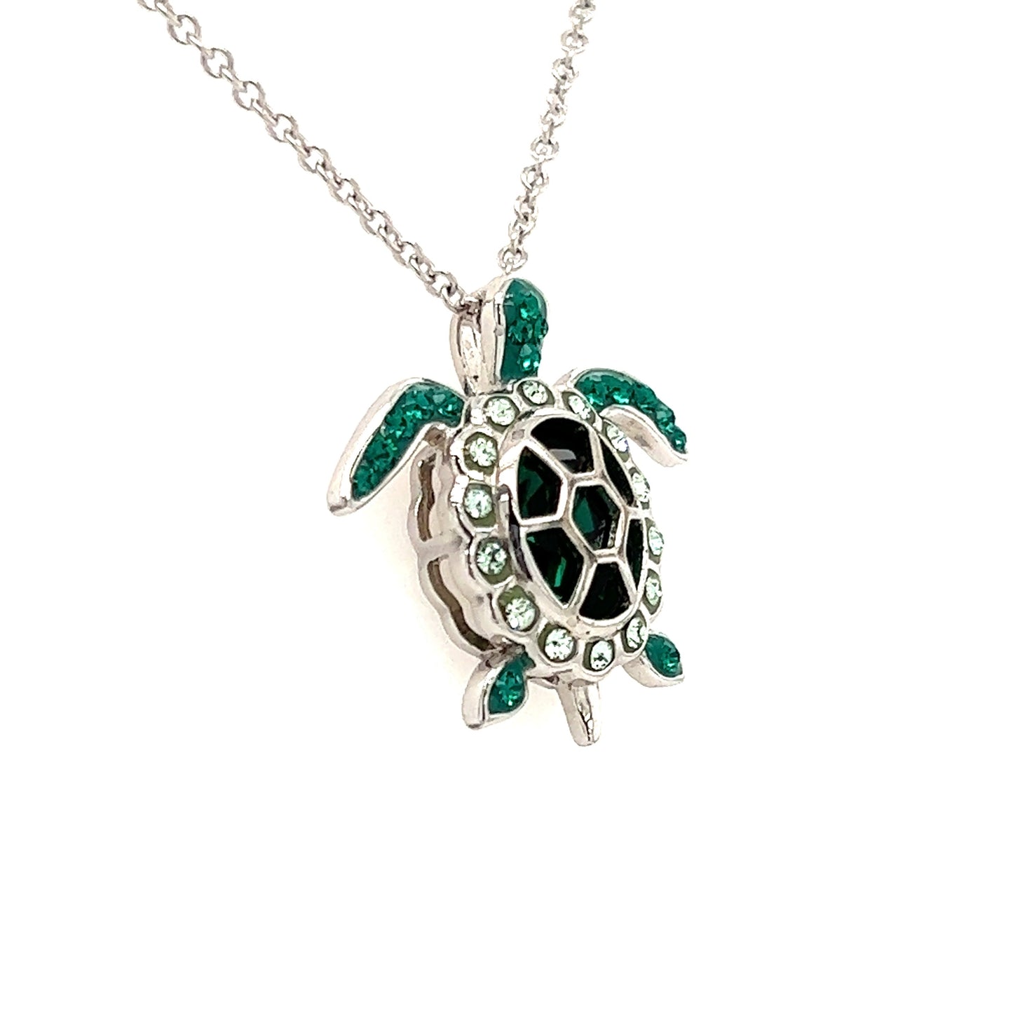 Sea Turtle Necklace with Deep Green Crystals in Sterling Silver. Left Side View