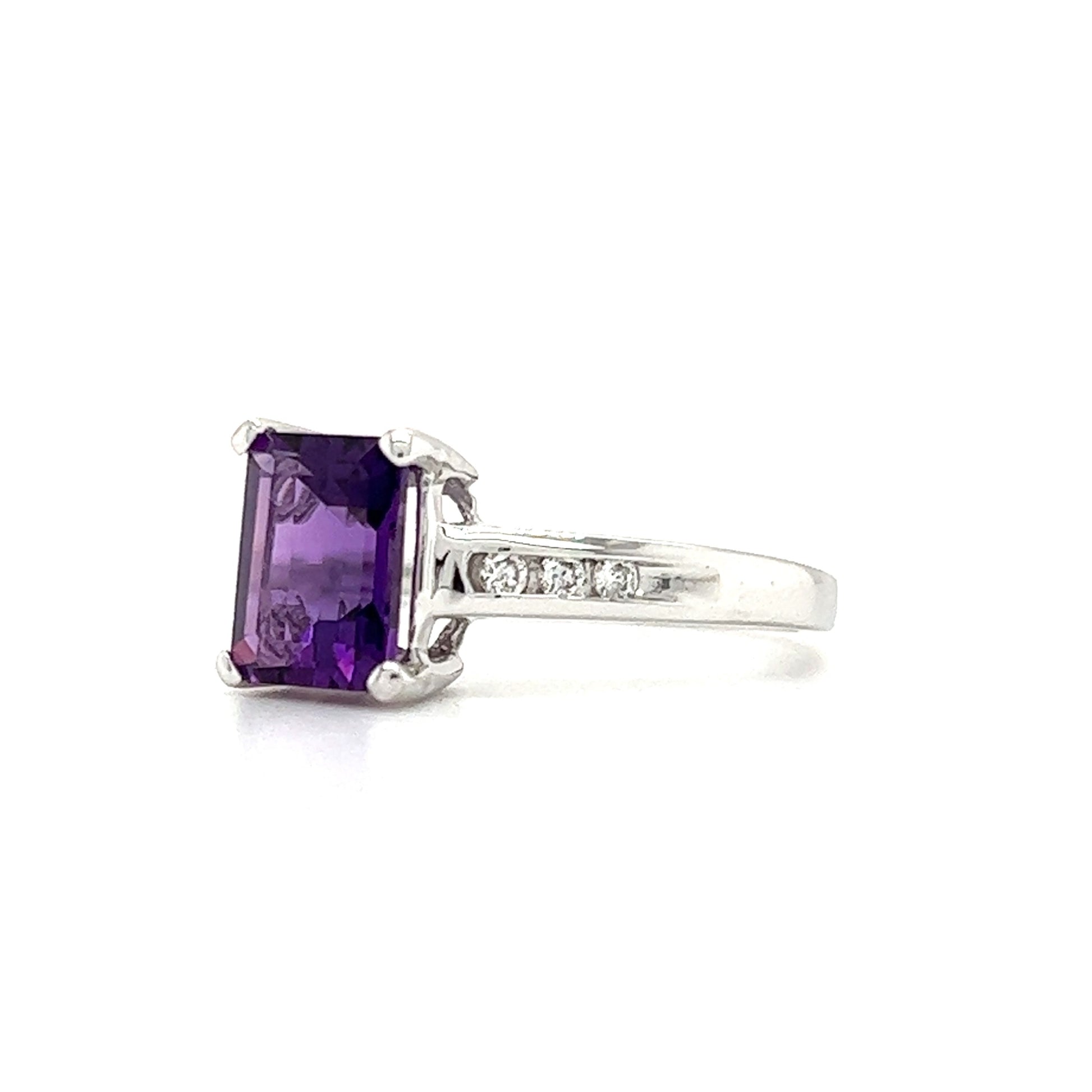 Baguette Amethyst Ring in 14K White Gold with Side Diamonds Left Side View 