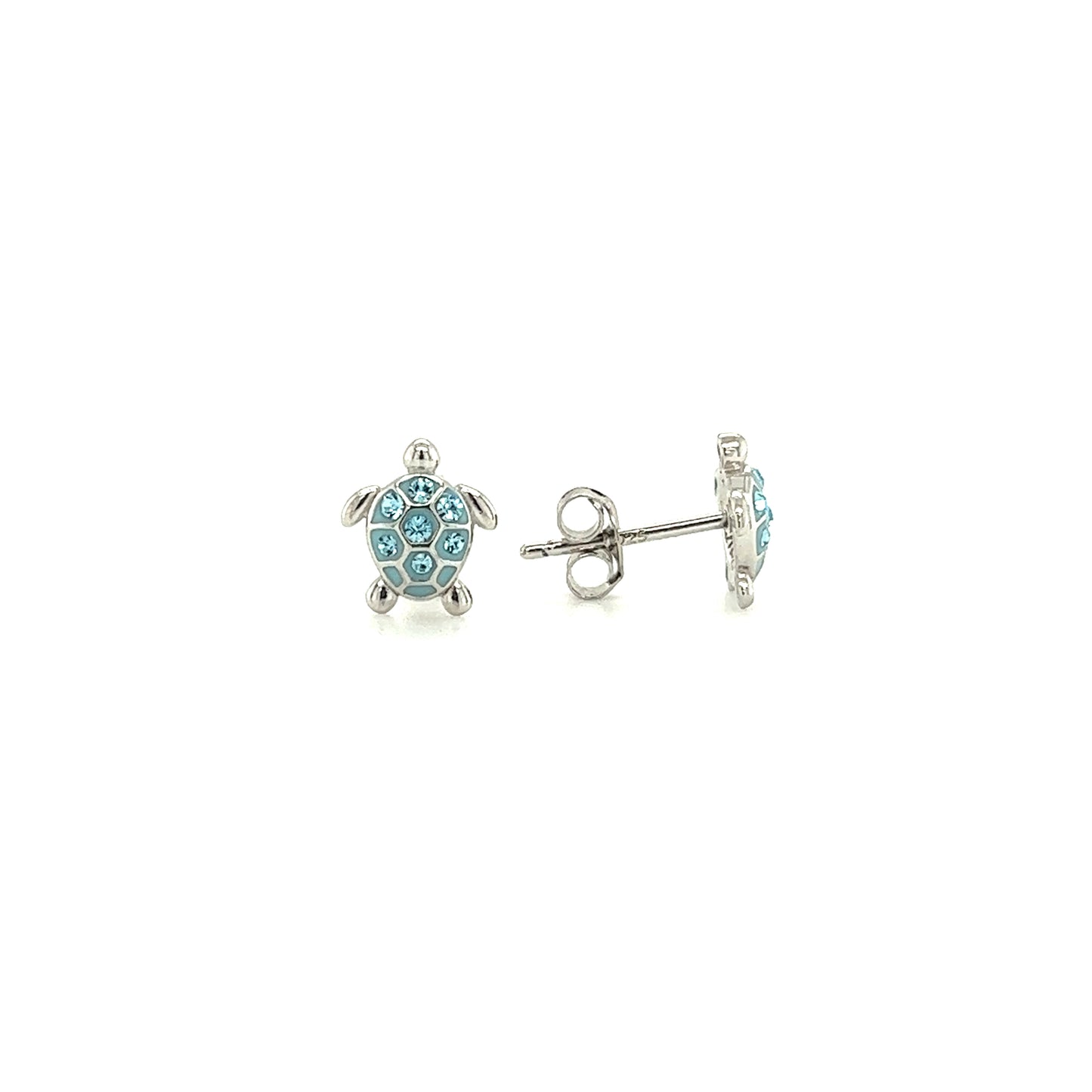 Sea Turtle Stud Earrings with Aqua Crystals in Sterling Silver Front and Side View