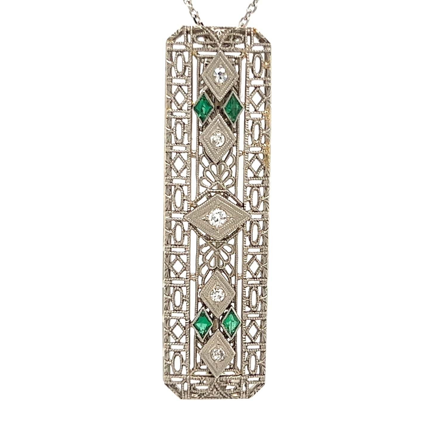 Vintage Diamond Pin With Four Emeralds in 14K White Gold Front Pendant View